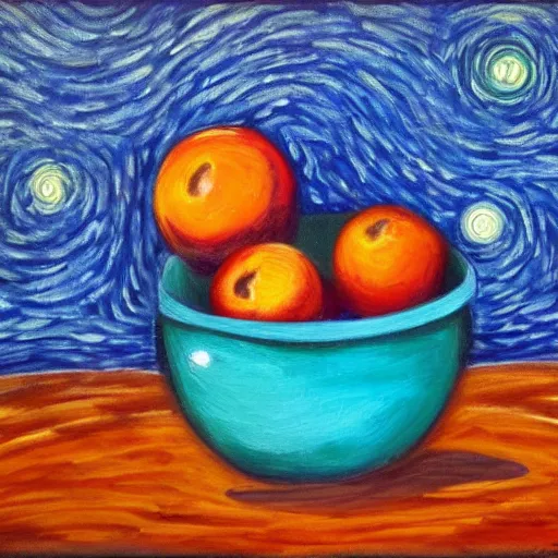 Prompt: blue apple in a fruit bowl on a starry night