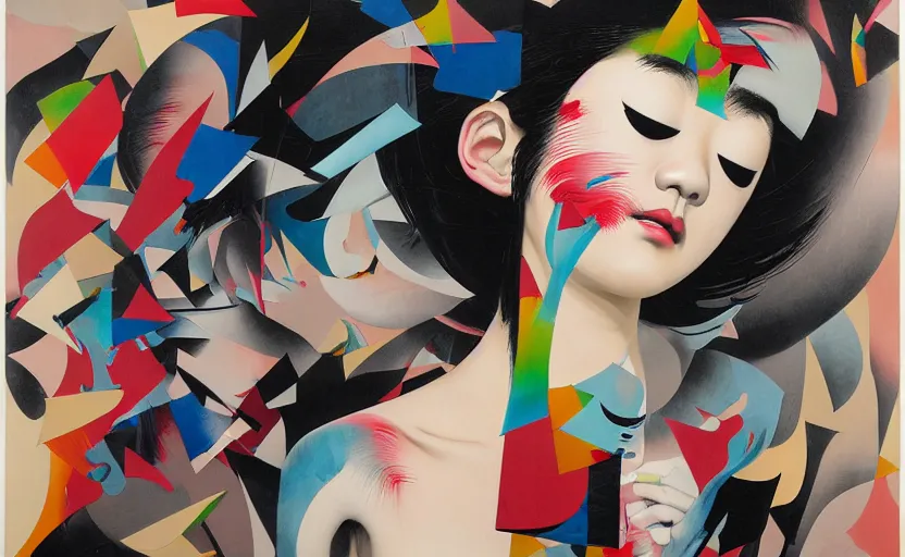 Image similar to decollage painting young japanese actress chased by unconsciousness fear by adrian ghenie and takato yamamoto and edward hopper and mark ryden and tsutomu nihei, part by bridget riley, acrylic pour and splashing paint, very coherent, baroque elements, perfect anatomy, intricate design. pop art.