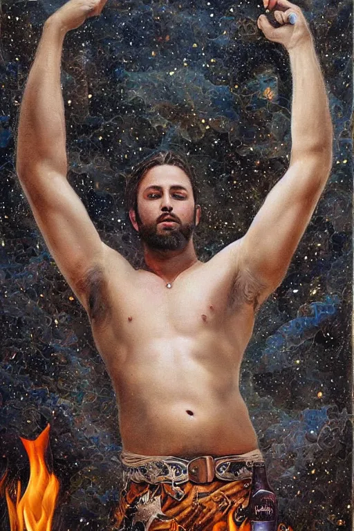 Prompt: a dramatic, epic, ethereal painting of a handsome thicc shirtless cowboy with a beer belly wearing a large belt and bandana. background is a late night campfire with food and jugs of whisky. homoerotic. fire, flames, stars, tarot card, art deco, art nouveau, mosaic, intricate. by Mark Maggiori. trending on artstation