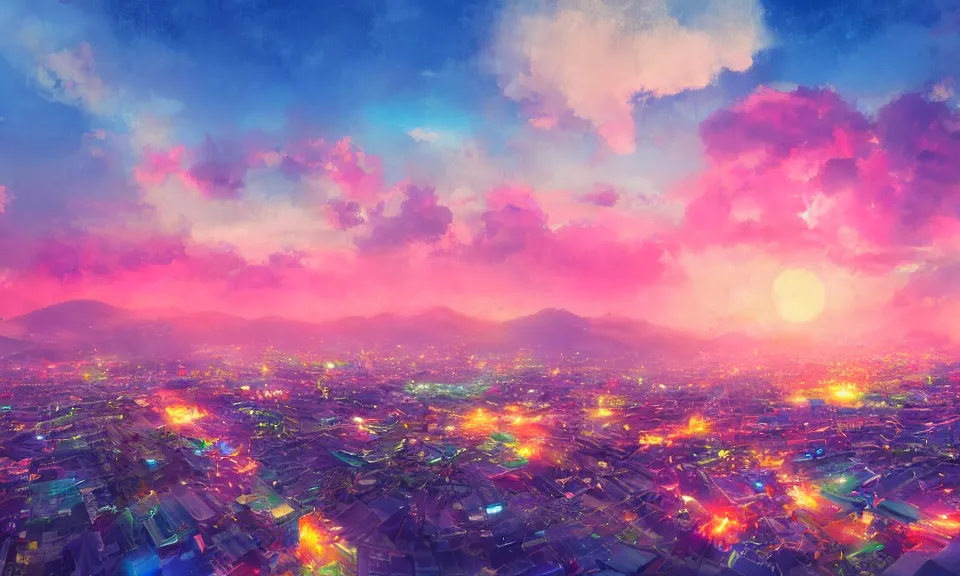 Prompt: a colorful glowing heavenly japanese city, sunset, moist, pastel, artstation, digital art.