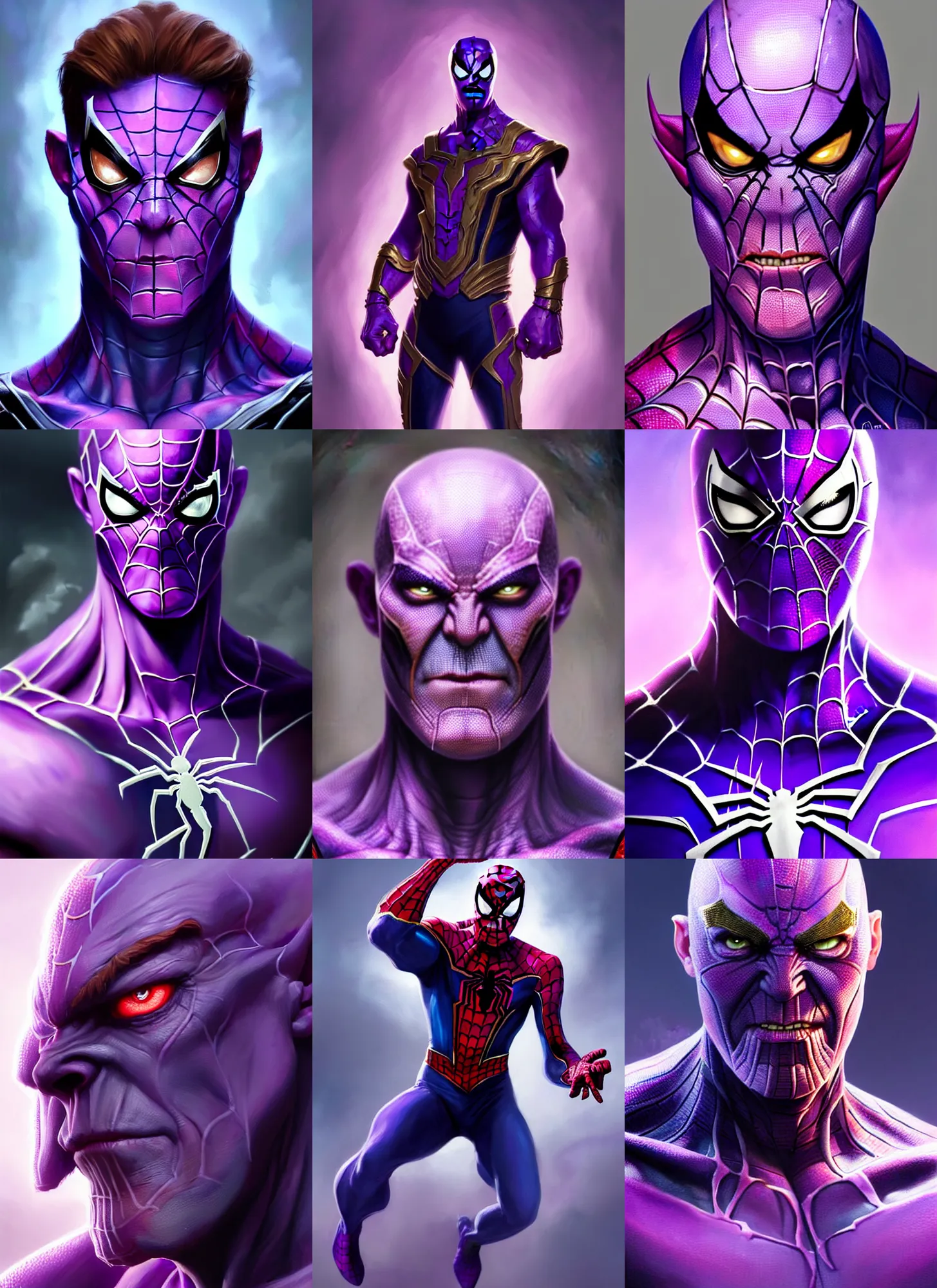 Prompt: a fantasy style portrait painting a character if spider man ( tom holland ) and thanos had a son, purple skin, powerful chin, thanos style traits, painting, unreal 5, daz., rpg, portrait, extremely detailed, artgerm greg rutkowski _ greg