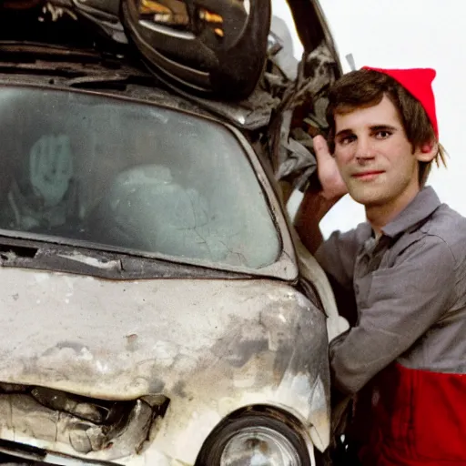 Prompt: close up headshot of a swiss young adult as a skinny high-fantasy elf with a long face narrow chin and spiky blonde hair wearing dark brown overalls and holding a bomb next to a destroyed car, high resolution film still, HDR color