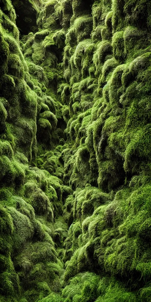 Image similar to dream looking through, a hyper realistic photograph fertile, lush mossy ferns canyon, ferns, minimalist structure, misty, raining, icelandic valley, in the style of reuben wu, roger deakins