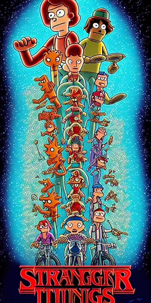 Prompt: animated version of Futurama Stranger Things poster by Matt Groening, cartoon, detailed faces, high resolution, hyper detailed, intricate, illustrated, dramatic lighting !n-9