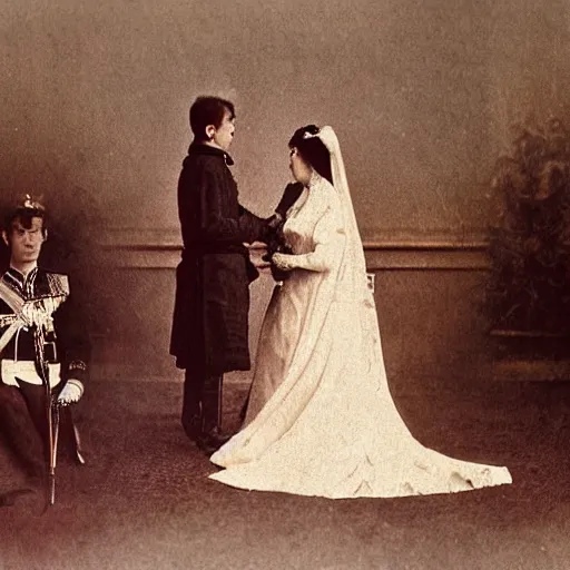 Image similar to a wide full shot, colored russian and japanese mix historical fantasy of a photograph portrait taken of the royal wedding officiant addresses the couple, photographic portrait, warm lighting, 1 9 0 7 photo from the official wedding photographer for the royal wedding.