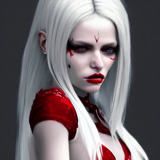 Image similar to a highly detailed portrait of a humanoid demon girl with white hair, red horns, in white clothes, artstation, deviantart, professional, unreal engine 5, photorealistic