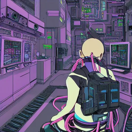 Prompt: a cyberpunk anime style illustration of an android girl seen from behind, seated on the floor in a tech labor with her back open showing a complex mess of cables and wires, by masamune shirow and katsushiro otomo, studio ghibli color scheme