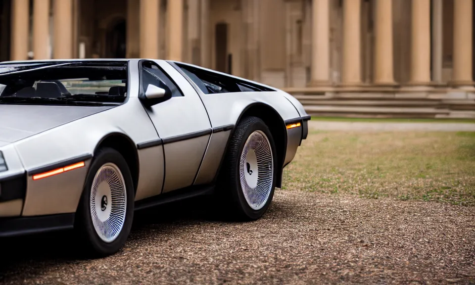 Image similar to closeup photo of a delorean standing in a beautiful palace, dof, chromatic aberration