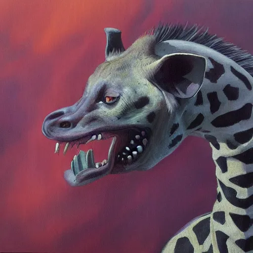 Prompt: painting of a hybrid between a hyena and a giraffe, in the style of wayne barlowe