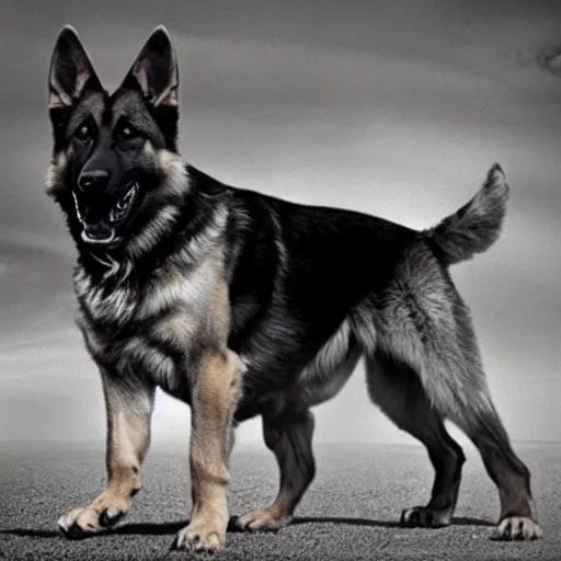 Prompt: a humanoid german shepherd beast - man, he wears a gray shirt.