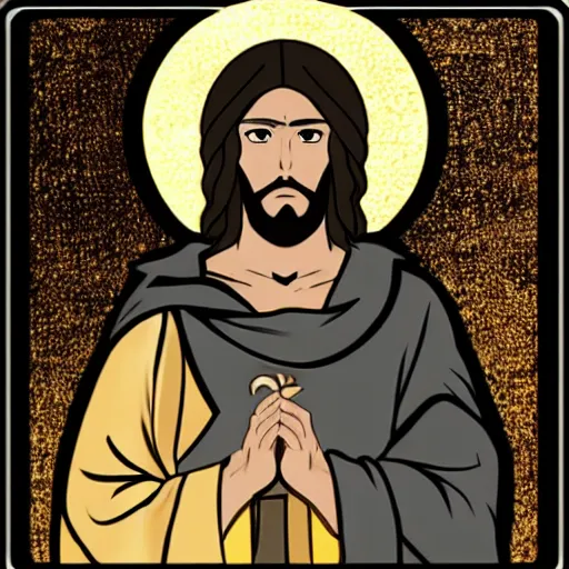 Prompt: gold and black icon of anime Jesus