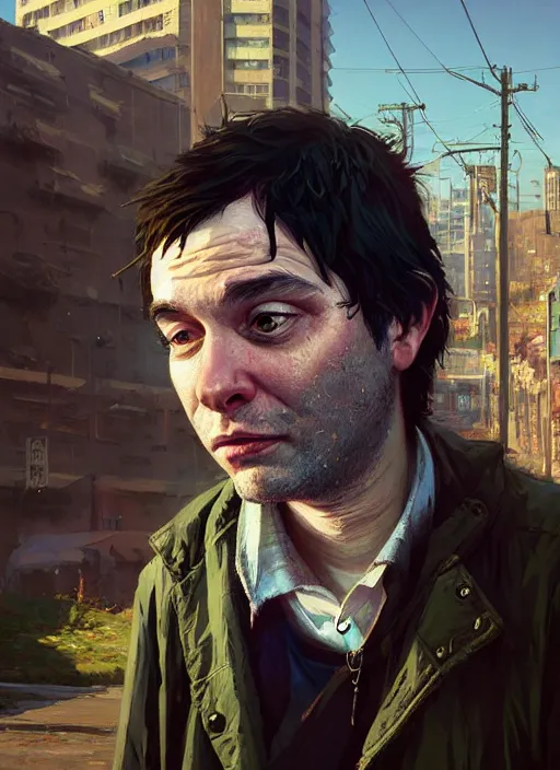 Image similar to Highly detailed portrait of homeless Martin Shkreli, in GTA V, Stephen Bliss, unreal engine, fantasy art by Greg Rutkowski, Loish, Rhads, ferdinand knab, Makoto Shinkai and Lois van baarle, ilya kuvshinov, rossdraws, Tom Bagshaw, global illumination, radiant light, detailed and intricate environment