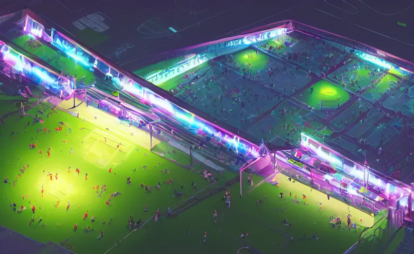 Prompt: sports field on rooftop, neon spot lights, highly detailed, digital painting, artstation, concept art, sharp focus, illustration