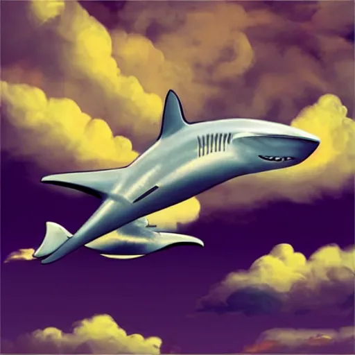 Prompt: air shark flying in the sky, metallic, shiny, chrome, clouds