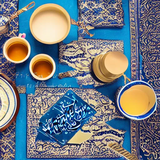 Prompt: arabic calligraphy by pollock, moroccan tea set, product photography, product design