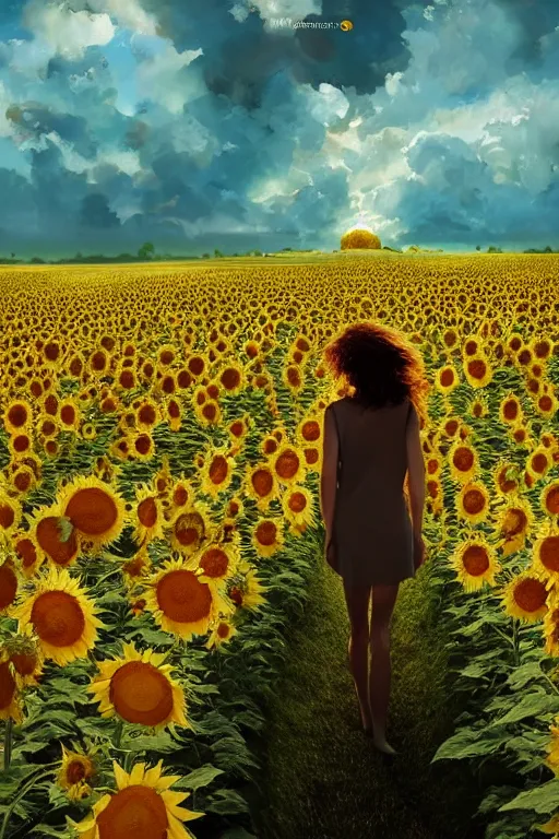 Prompt: a girl slowly walking through amazing tall sunflower field, hair flowing, fanart, by concept artist gervasio canda, behance hd by jesper ejsing, by rhads kuvshinov, rossdraws global illumination radiating a glowing aura global illumination ray tracing hdr render in unreal engine 5, tri - x pan stock, by richard avedon