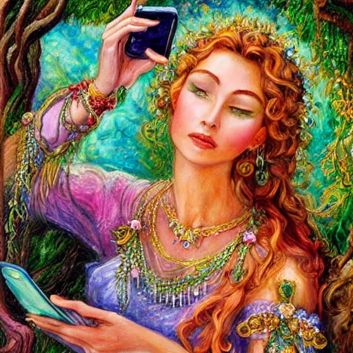 Prompt: a nature goddess checking her cell phone by senior concept artist josephine wall, acrylic on canvas, intricately detailed