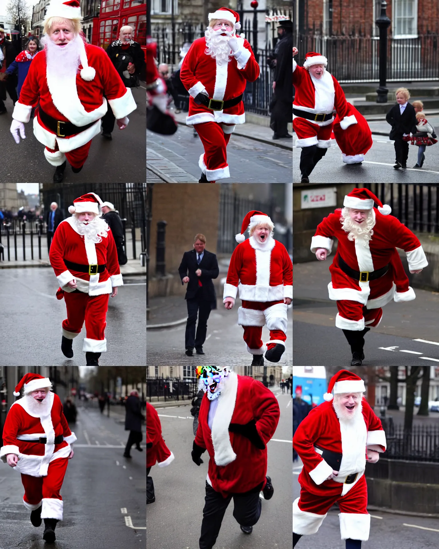 Prompt: boris johnson dressed as santa claus running down the streets of london