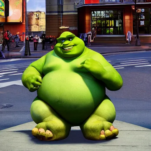 Image similar to fat shrek eating chicken wings outside of mcdonald ’ s in real life, realistic, detailed, 8 k, 4 k uhd, hyper realistic, great detail