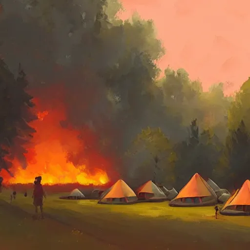 Image similar to a camp with tents on fire, burning down, shadows of girls watching the camp burn, painted by Sylvain Sarrailh