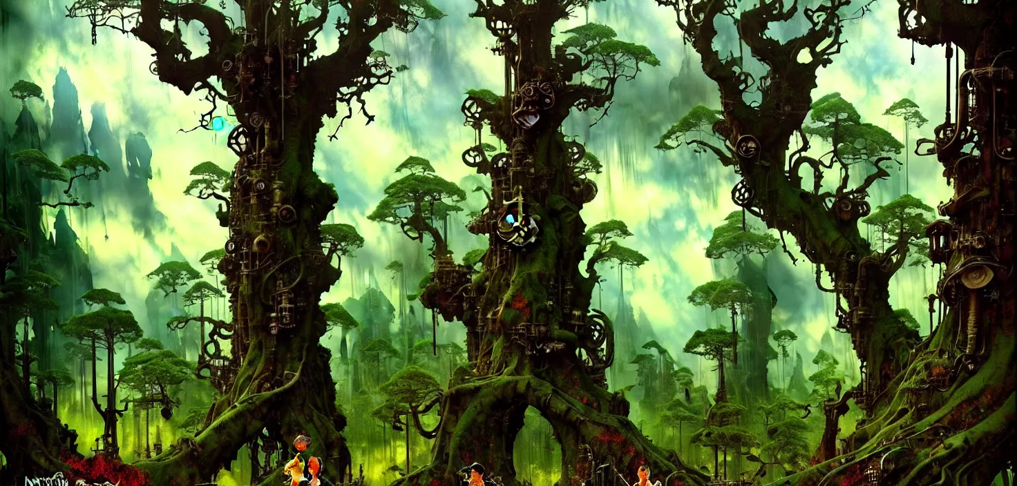 Image similar to exquisite imaginative fantasy landscape lush forests, moody sky, gnarly trees, with steampunk castles movie poster by : : norman rockwell, sargent, james gurney weta studio, trending on artstation james jean frank frazetta