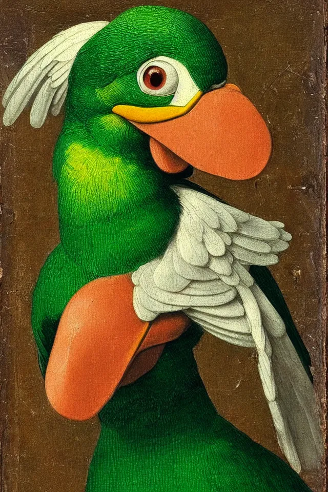 Image similar to a renaissance portrait of donald duck as a green parrot, beautiful intricate painting