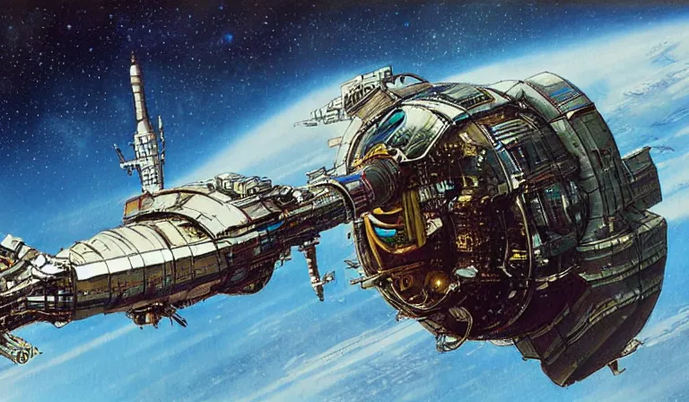 Prompt: a diesel punk spaceship in orbit of the earth, in the style of John Harris and John Berkey