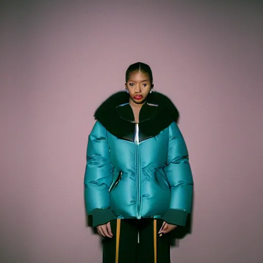 Image similar to realistic! photoshoot for a new vetements lookbook, color film photography, portrait of a beautiful woman, model wearing a puffer jacket, in style of tyler mitchell, 35mm