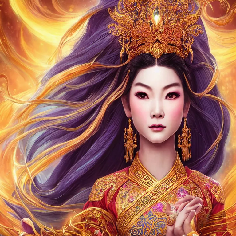 Prompt: beautiful cinematic fantasy poster, a beautiful vietnamese goddess wearing an ornate ao dai with flowing illuminated hair, beautiful glowing galaxy eyes, wideshot ultrawide angle epic scale, hybrid from The Elden Ring and art direction by Darius Zawadzki ;by artgerm; wayne reynolds art station; cinematic quality character render; low angle; ultra high quality model; production quality cinema model;