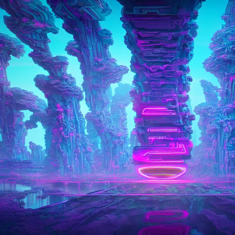 Prompt: mysterious ancient dieties hovering over magical glass temple, infinite quantum waves, synthwave, bright neon colors, highly detailed, cinematic by ernst steiner