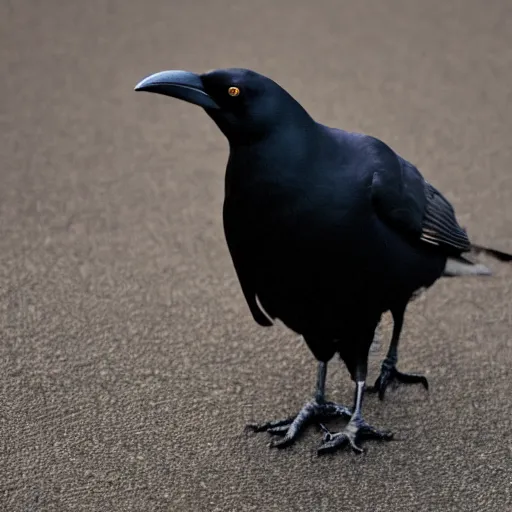 Image similar to close up of a obese crow with a round body short legs and large black beak, high resolution film still, film by Jon Favreau