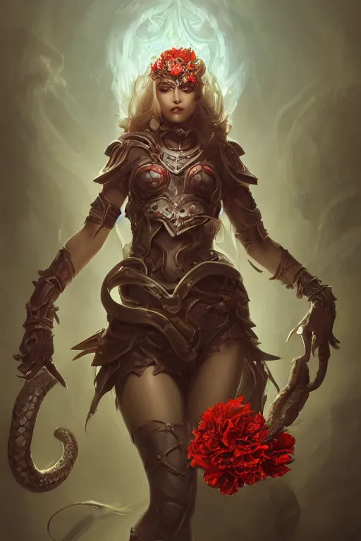 Prompt: beautiful girl necromancer covered with snake sking exploding into blood, practical armor, heroes of the storm, 3 d render, hyper realistic detailed portrait, holding magic flowers, ruan jia, wlop. scifi, fantasy, hyper detailed, octane render, concept art, peter mohrbacher