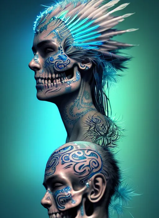 Image similar to 3 d shaman with tattoos profile portrait, sigma 5 0 0 mm f / 5. beautiful intricate highly detailed skull and feathers and hairs and tattoos. bioluminescent, plasma, frost, water, wind, creature, gradient background, thunderstorm! artwork by tooth wu and wlop and beeple and greg rutkowski, 8 k trending on artstation,