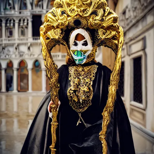 Image similar to full standing figure baroque cultist wearing large occult headpiece, skirt, venice carnival, full face gold Volto mask, mid shot, hyperrealistic