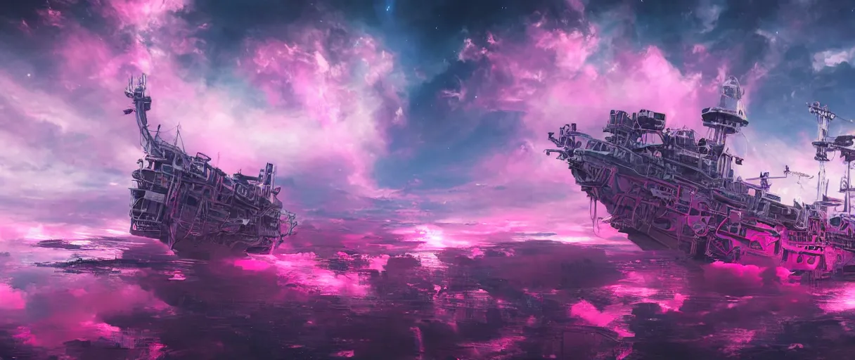 Prompt: heaven pink, portrait punk, pink mohawk, space, hyperdetailed illustration, stars, neon, oil painting, rich deep colors masterpiece, ultra detailed, contrast, clouds, volumetric light, atmospheric lighting, pirate neon ship, dramatic, cinematic, moody, octane render 4 k, 8 k