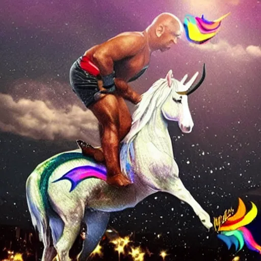 Prompt: mike tyson riding on a unicorn photo