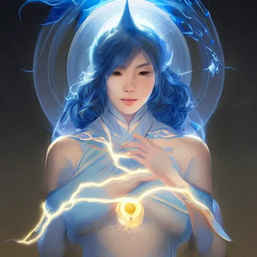 Image similar to japanese lightning goddess, wearing elemental energy d & d, blue color palette, highly detailed, digital painting, artstation, concept art, sharp focus, illustration, cinematic lighting, art by artgerm and greg rutkowski and alphonse mucha