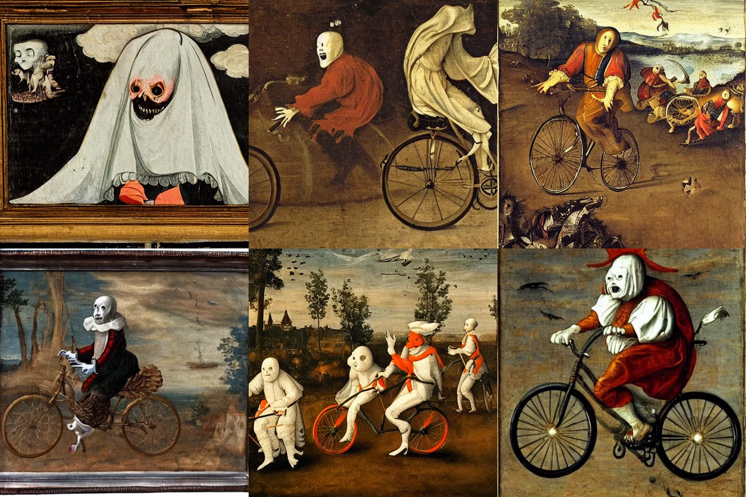 Prompt: scary ghost riding a bicycle, 1 6 th century dutch masterpiece painting