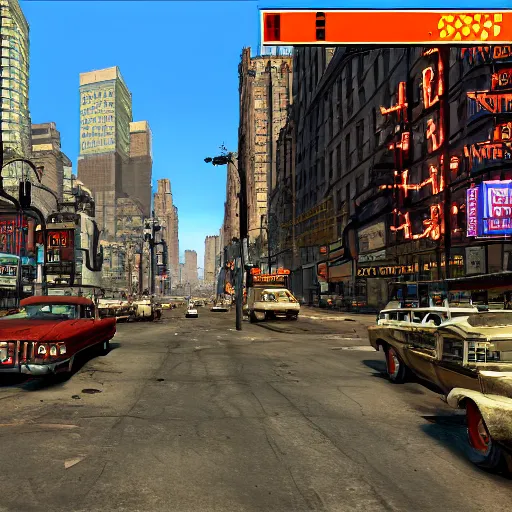 Prompt: broadway, new york city turned into a settlement, post - nuclear war in fallout 4, in game screenshot