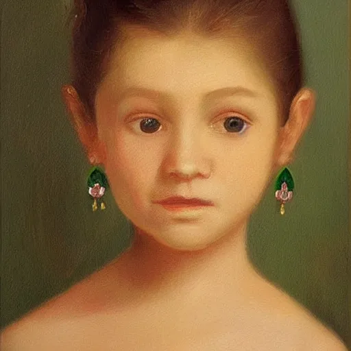 Prompt: a portrait of a young girl wearing an emerald earring. The girl is looking over her shoulder at the viewer with a sly expression on her face. naturalistic style with soft, muted colors. The girl's face is the only part of the painting that is in sharp focus. The rest of the painting is done in a soft, blurry style. The girl's face is lit from the left, creating a soft, halo-like effect around her head. The emerald earring is the only source of light in the painting. an oil tronie painting by Johannes Vermeer.