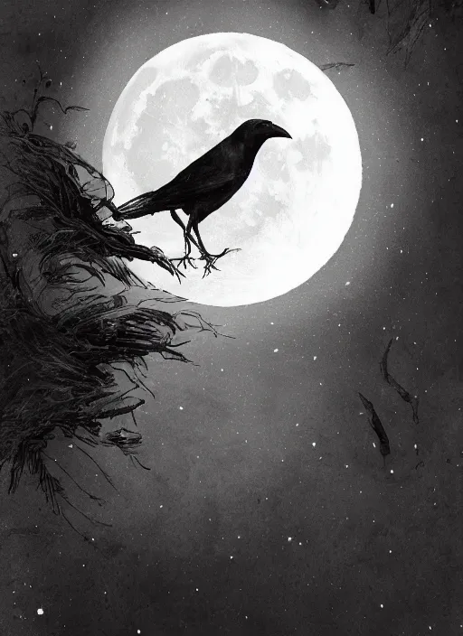 Image similar to portrait, A crow in front of the full big moon, book cover, red white and black colors, establishing shot, extremly high detail, foto realistic, cinematic lighting, pen and ink, intricate line drawings, by Yoshitaka Amano, Ruan Jia, Kentaro Miura, Artgerm, post processed, concept art, artstation, matte painting, style by eddie mendoza, raphael lacoste, alex ross