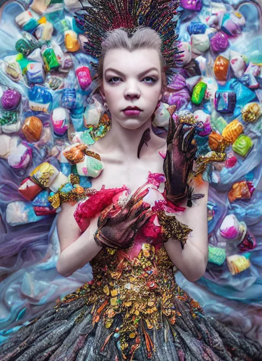 Image similar to expressive full body photo of anya taylor - joy, dress made of sweets and candies, glamour shot, by karol bak, stefan gesell, photorealistic, nikon d 4 x, fashion photography, hyper maximalist, elegant, ornate, luxury, elite, environmental portrait, symmetrical features, octane render, unreal engine, solid dark grey background, dramatic lights