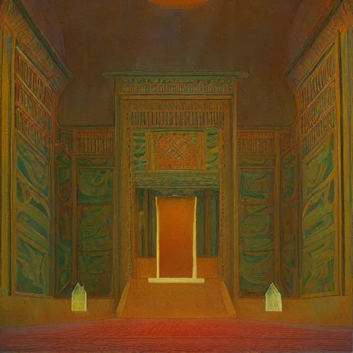 Image similar to a painting of a throne room , tiled floor a raytraced image by Mikalojus Konstantinas Čiurlionis, by Edward Okun, metaphysical painting, hall of mirrors, egyptian art, concept art