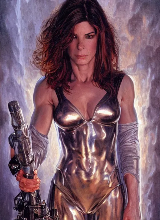 Image similar to Sandra Bullock (1990) as a muscled heroine staring into the camera, torch shadows, foggy night, intricate, elegant, highly detailed, Donato Giancola, Joseph Christian Leyendecker, WLOP, Boris Vallejo, Artgerm