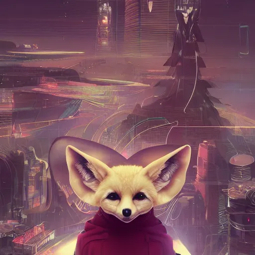 Image similar to portrait futuristic fennec fox animal, wearing a santa hat on their head, in future cyberpunk tokyo rooftop , sci-fi, fantasy, intricate, very very beautiful, elegant, human anatomy, neon light, highly detailed, digital painting, artstation, concept art, smooth, sharp focus, illustration, art by tian zi and WLOP and alphonse mucha