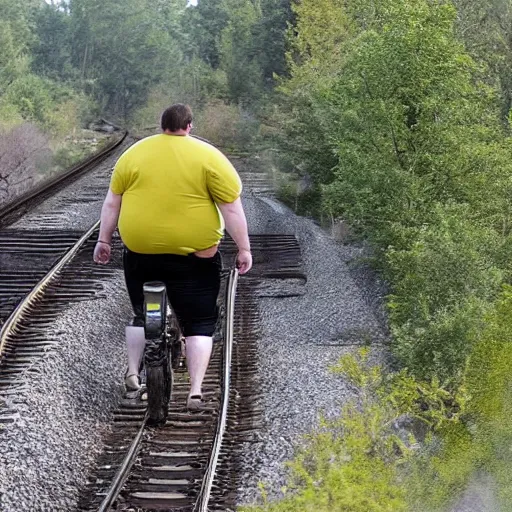 Image similar to All we had to do was follow the damn train, high quality photograph, a man on a yellow dirtbike and a fat man in green shirt standing next to him
