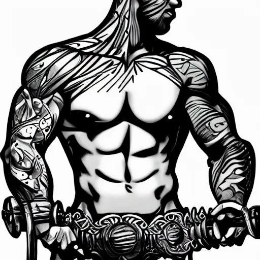 Image similar to muscular bald man, tattooed body, sword in hands, HD, anime style,