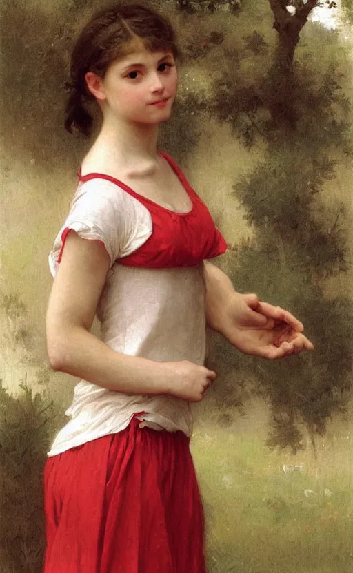 Image similar to portrait of athletic girl, red and white dress, hd, realistic, bouguereau