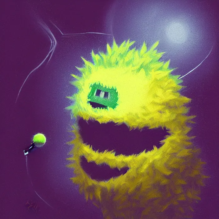 Image similar to cinematic portrait of a cute tennis ball monster in the abyss of space, chalk, masterpiece, trending on artstation, featured on pixiv, cinematic composition, dramatic pose, beautiful lighting, sharp details, hyper-detailed, HD, HDR, 4K, 8K, art by Basil Gogos