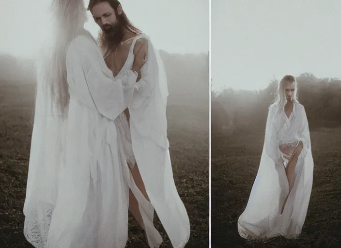 Image similar to jesus hugging a woman, spirit hugs, in style of paolo roversi, britt marling style 3 / 4, a beautiful ethereal lace white robe, 8 k, soft focus, soft light, volumetric lighting, highly detailed realistic, refined, highly detailed, natural outdoor soft pastel lighting colors scheme